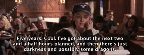 Rory Gilmore from Gilmore Girls saying Five yaers. Cool. I've got about the next two and a half hours planned, and then there's just darkness and possibly some dragon