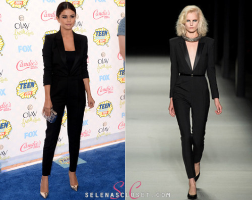 Selena Gomez commanded the blue carpet at the 2014 Teen Choice Awards today in Los Angeles in (almost) all black everything! She wore a black long sleeve jumpsuit from Saint Laurent&#8217;s Spring 2014 Collection. Its available on netaporter.com for $3790!
Buy it HERE!
Thanks for the link it&#8212;only-takes-a&#8212;spark!
Do you like this look?