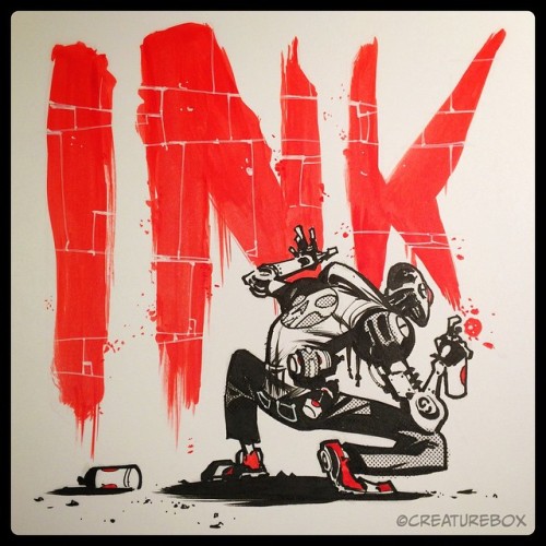 #inktober Day 22: Spraybot. Pen, brush and FW red ink.