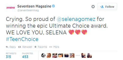 August 10: Seventeen Magazine congratulates Selena for winning the Ultimate Choice award.