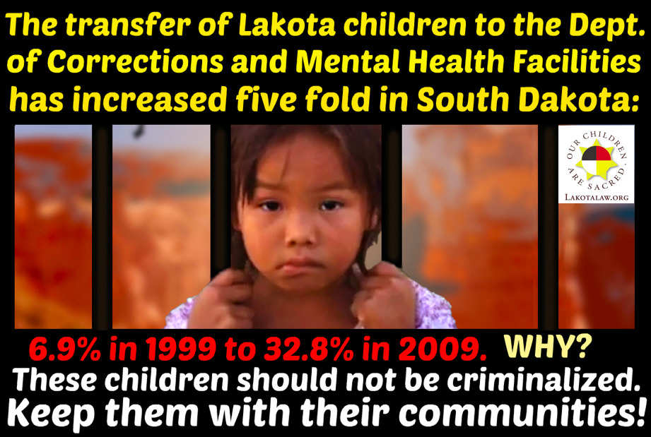 lakotapeopleslawproject:

Please reblog this and spread the message of inequality for Lakota children in the foster care system. South Dakota’s Department of Social Services is transferring Lakota foster children to the Department of Corrections and Mental Health Facilities at a staggering rate. The 10-year period between 1999 and 2009 depicts a nearly five-fold increase for children being moved to “non-foster care institutions,” growing from 6.9% in 1999 to 32.8% in 2009.  Why is this happening to these children? Why are they being taken from their families, from their communities, and being institutionalized? This “institutionalization” is not solving issues that these children may have. Please appeal to South Dakota to end its racist tactics.