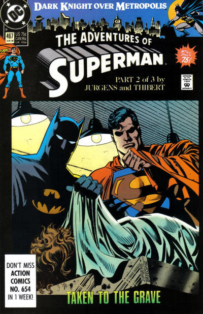 Adventures of Superman #467 (June 1990)"Dark Knight Over Metropolis," Part 2: Finally! Superman and Batman! And Gangbuster!OK, just Superman and Batman.Batman is visiting Metropolis to investigate the Mystery of the Dead Hobo with the Radioactive Green Ring (as seen in Part 1). Batman finds out that a dead woman in Metropolis had some of the same radiation in her body, and Superman (who doesn’t trust Bats, but agrees to work with him for this case) recognizes her as the lady who threatened to divulge his secret identity a few weeks ago. Superman also says that the radioactive ring is made of kryptonite, so he’s understandably worried about its current whereabouts, since that stuff can kill him. Batman intentionally neglects to mention that HE has the ring right now, because it might “come in handy” later… and that’s why Superman doesn’t trust you, dude.Anyway, since the kryptonite ring was formerly owned by Lex Luthor, Superman and Batman look into LexCorp’s records (by breaking into the building) and find out that the dead woman was a former employee named Amanda McCoy. They also find out her address and decide they should check it out… some other time, because right now, they have to put on their tuxedos and PARTY.Bruce Wayne is a guest at Lex Luthor’s Baldy Awards for journalism, where Clark Kent is nominated for his expose of Intergang, an opportunity that Bruce uses to hit on Clark’s girlfriend. Meanwhile, Intergang also uses the opportunity to try to kill Clark by crashing the party with a flying ship full of armed goons. Of course, all the goons are quickly taken down by Superman and Batman, who happened to be in the neighborhood — hey, where did Clark and Bruce suddenly go? They’re probably snorting coke in the bathroom.So, Intergang is defeated, but it turns out that they didn’t really care about Clark: they just attacked the awards to distract Superman while they kidnapped Daily Planet columnist Cat Grant… and it worked. TO BE CONCLUDED!Character-Watch:Who’s up for some extremely minor character trivia? Everyone? OK, here we go!This is technically the first appearance of WGBS reporter Steve Lombard (he’s a guest at the awards and later covers the Intergang attack), though we already saw him on a TV screen exactly 30 issues ago. In the old comics, Lombard was Clark Kent’s rival during that weird period in the ’70s when Clark grew sideburns and became a TV news anchor. In this issue he’s a pudgy guy in a bowtie, but in more recent comics he suddenly buffed up and became a big, athletic guy. The only consistent part of Steve’s character is that he’s always been an asshole.Plotline-Watch:So how exactly did Cat Grant get kidnapped? That happens in another entry of The Misadventures of Jose Delgado: Jose/Gangbuster was keeping an eye on Cat, as he was hired to do, when he briefly ran into Superman and Batman (hence the panels at the top). Superman tells Jose he’s doing a good job, but as soon the big shots leave, the old Delgado luck strikes again — Intergang operatives Chiller and Shockwave attack Jose, drop and entire building on his ass, and on top of everything steal his face (in order to fool Cat):There’s a callback to Adventures #447, when Intergang tried to kill Lex Luthor during a press conference and Clark saved him. This time, it’s Luthor who “saves” Clark by sprinting to action and getting him out of the way of a blast, but only so he could say they are even now.Luthor’s armored Lex-Men prove very useful in this issue: they’re too slow to catch Superman and Batman when they break into LexCorp, and then they don’t even show up when the party is attacked. But hey, at least their cool armors are officially silver now!Corrections-Watch:On my recap for Part 1, I said Lois and Clark were seen heading to the Baldy Awards, but that was just a date. This issue (and the awards) take place in the next day. Also, for some reason I said Superman and Batman were teaming up for the first time, when they already fought a jewel thief and a vampire together. I’ve atoned for these sins by lashing my back 5 million times (which is why I haven’t posted in the last week).