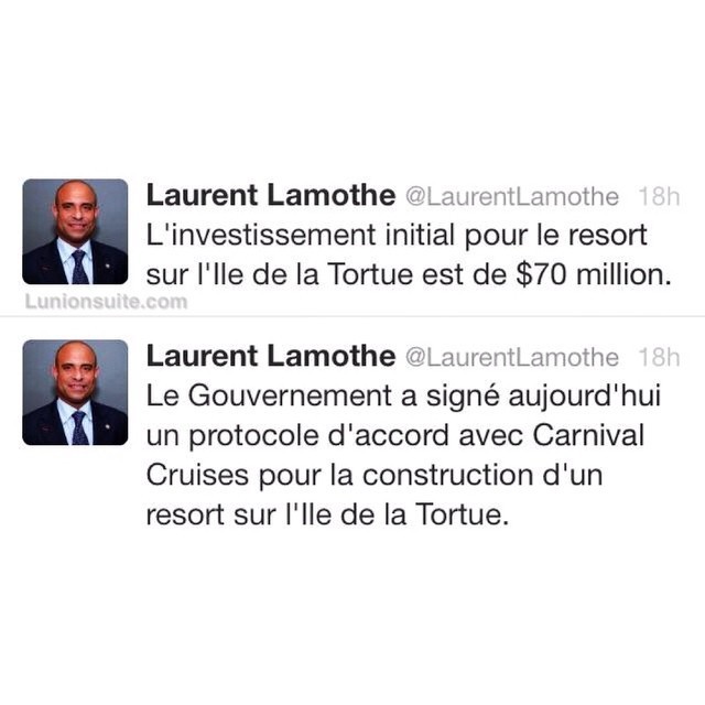 According to prime minister @laurentlamothe: “Yesterday, the Haitian government signed an agreement with Carnival Cruises for the construction of a resort on the Tortuga Island of Haiti (l’Île de la Tortue). The initial investment on the island is $70 million.”| #lunionsuite #haiti #haitians #tortugaisland #carnivalcruise #travelhaiti #haititourism 
</p>
<div id=