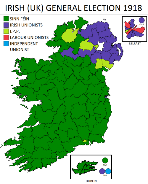 Results of the 1918 General Election . An independent Irish parliament was formed by Sinn Féin on the 21st of January 1919, which the British government refused to recognise. The Irish War of Independence followed on the same day.