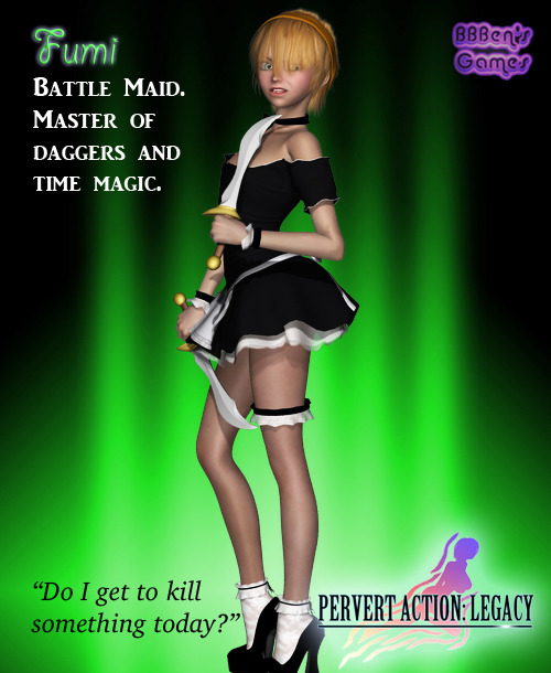 Time for another character reveal from Pervert Action: Legacy! It&#8217;s another maid, this time Fumi:
Fumi is&#8230; a little nuts. Sometimes she&#8217;s happy and friendly, other times she&#8217;s grumpy and defensive. She&#8217;s often forgetful and oblivious to others, but she is also full of energy. She loves her knives, so it&#8217;s best to be a bit careful around her.
