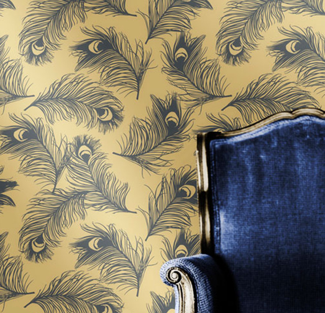peacock feather patterned wallpaper, blue velvet armchair