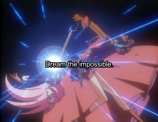 Image: Anthy pulling a sword out of Utena’s chest for the duels. Text: Dream the impossible.