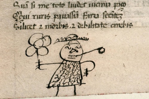 alfiusdebux:

Doodle by bored medieval school boy. A 15th-century doodle in the lower margin of a manuscript containing Juvenal’s Satires, a popular classical text used to teach young children about morals. Photo: Carpentras, Bibliothèque municipale, MS 368. (vía Medieval Book Historian Erik Kwakkel Discovers and Catalogs 800-Year-Old Doodles in Some of the World’s Oldest Books | Colossal)

