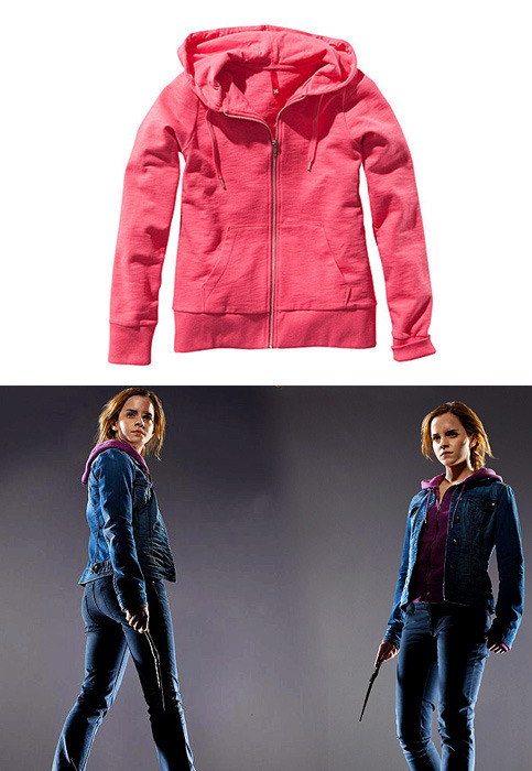 
 Emma wore a H&amp;M Hooded Jacket as Hermione Granger in Harry Potter and the Deathly Hallows part 2.  H&amp;M Hooded Jacket - $19.95 Wore with: Esprit Denim Jacket  &amp; H&amp;M Navy Blue Cotton Elastane Pants
