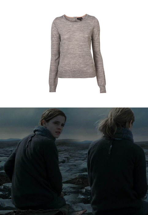 
 Emma wore a Topshop Back Button Jumper as Hermione Granger in Harry Potter and the Deathly Hallows part 1. 
