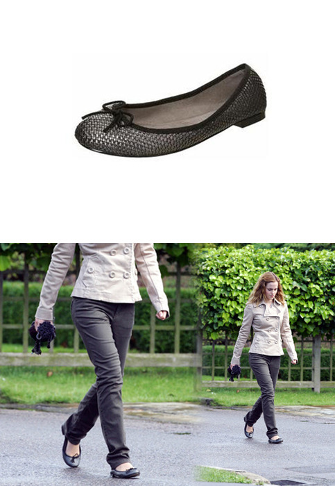 Emma wore a pair of Topshop Maven Woven Ballet Shoes as Hermione Granger in Harry Potter and the Deathly Hallows part 1. Wore with: H&amp;M Beige Jacket &amp; Gap 1969 Lightweight Skinny Jeans