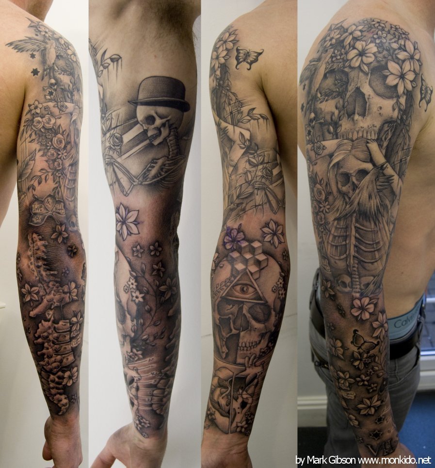 Skull And Roses Sleeve Tattoo