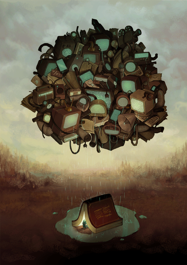 My latest digital painting (GIF version).Pop culture and broadcast media is a dirty cloud hovering above a little human who found a shelter under a book tent. That’s because reading a book can be a little cozy harbor for those lost in the storm of BS coming from the screens.For more works check out my pages!InstagramFacebookBehance