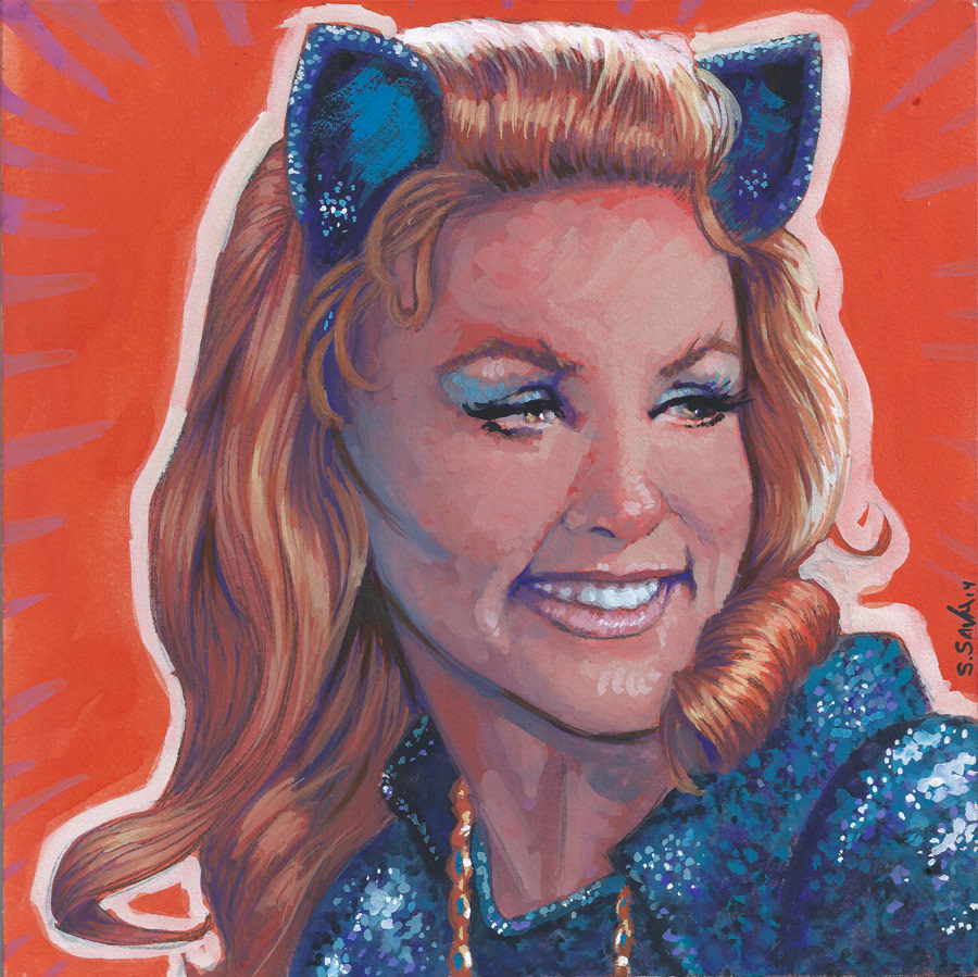  Julie Newmar as Catwoman Done on 6x6 inch Aquabord with Winsor &amp; Newton Gouache Paints http://ssava.tumblr.com/ 