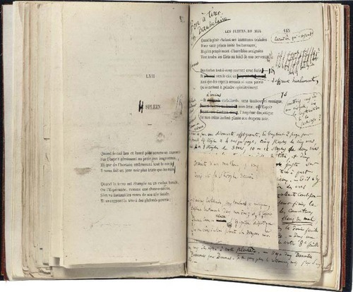 rosettes: Charles Baudelaire’s copy of the French 1st edition of Les Fleurs du Mal turned to the poem Spleen 